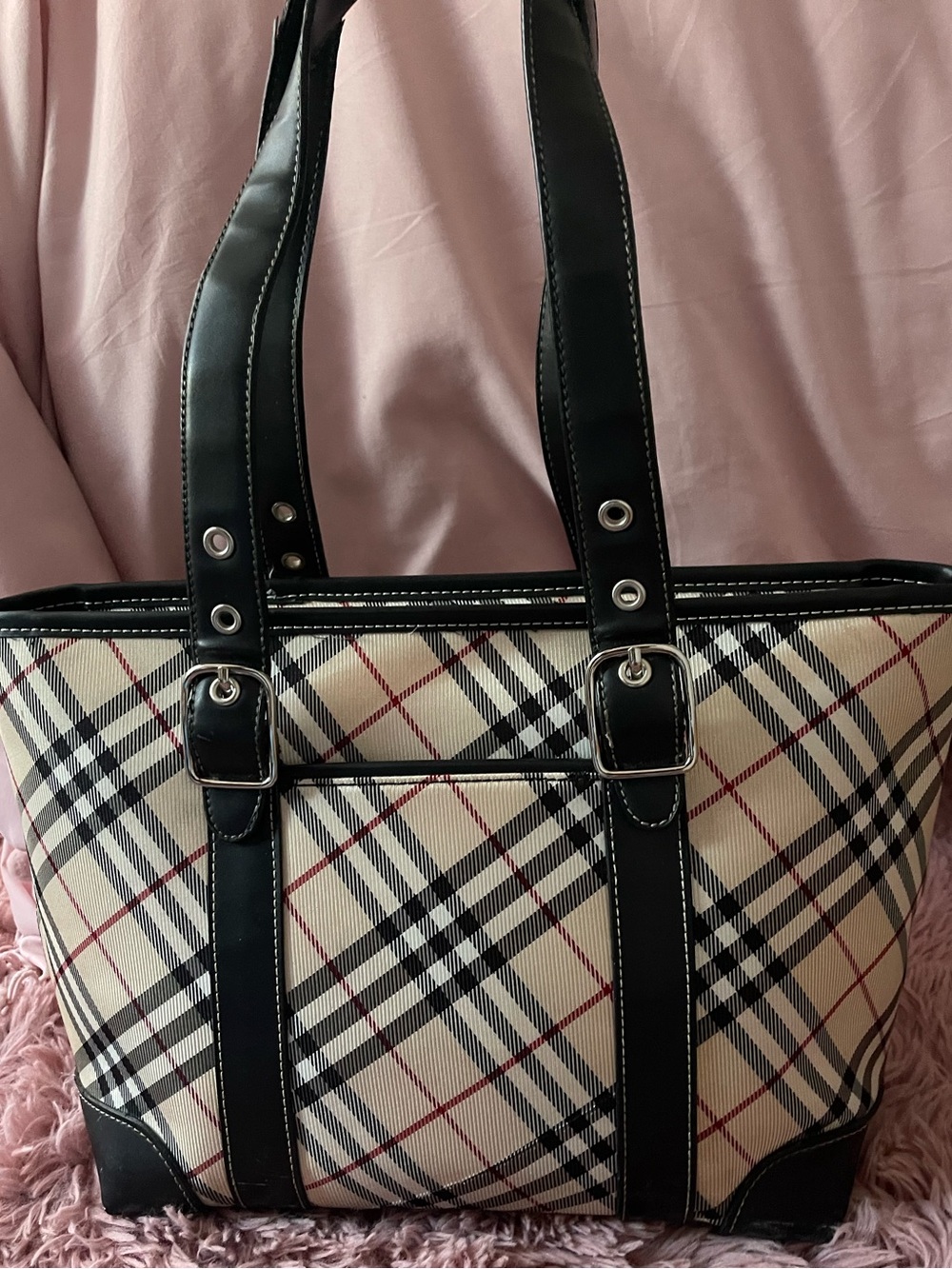 Beige Plaid Tote Bag with Black Trim - Picture 3 of 7